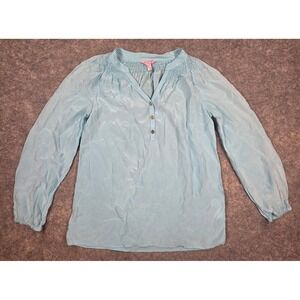 Lilly Pulitzer 100% Silk Blouse Light Blue Smocked Split Neck Top XS